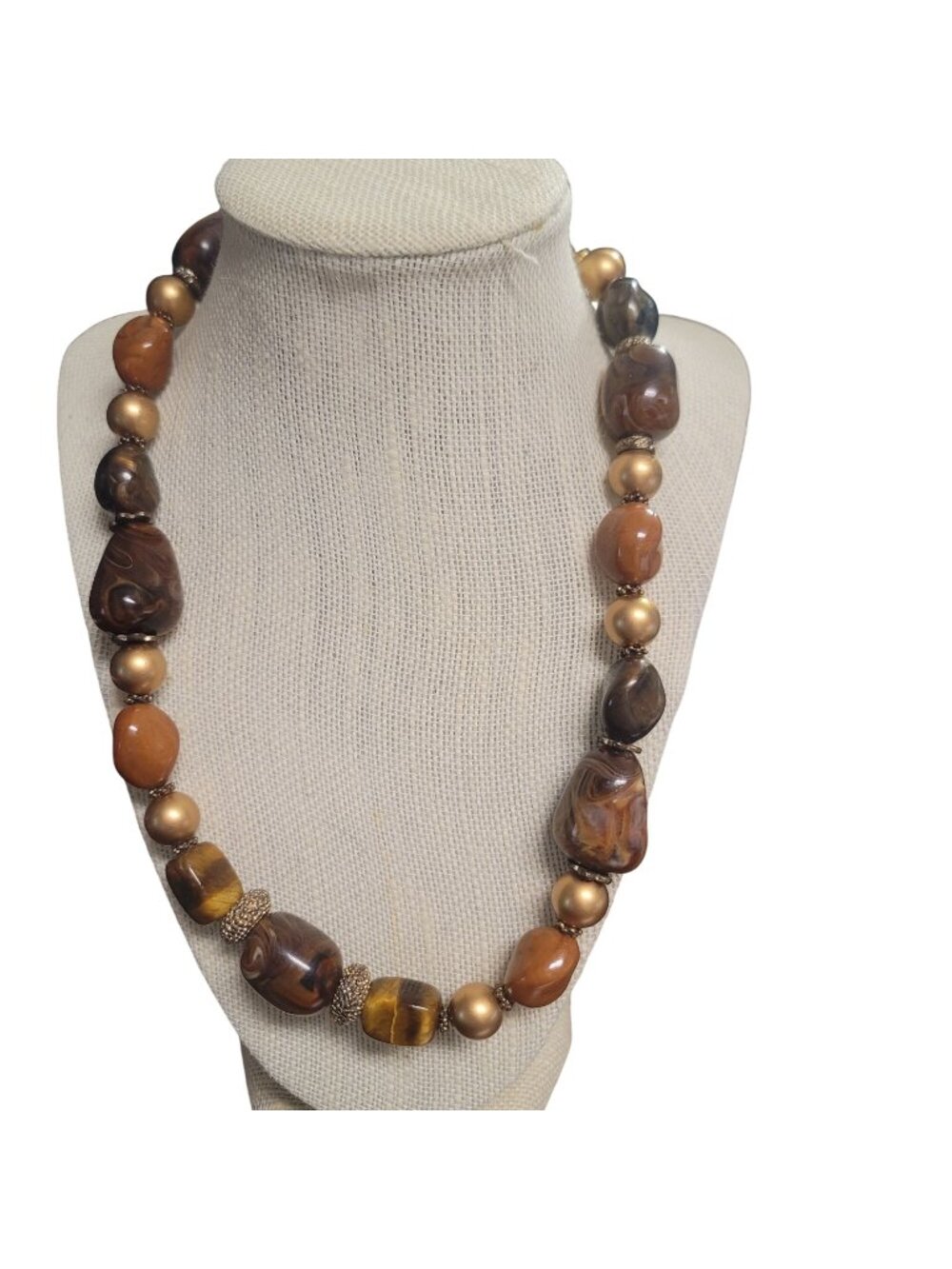 Chunky Beaded Necklace Gold Accents Brown Swirled Stone Lobster Clasp Adjustable